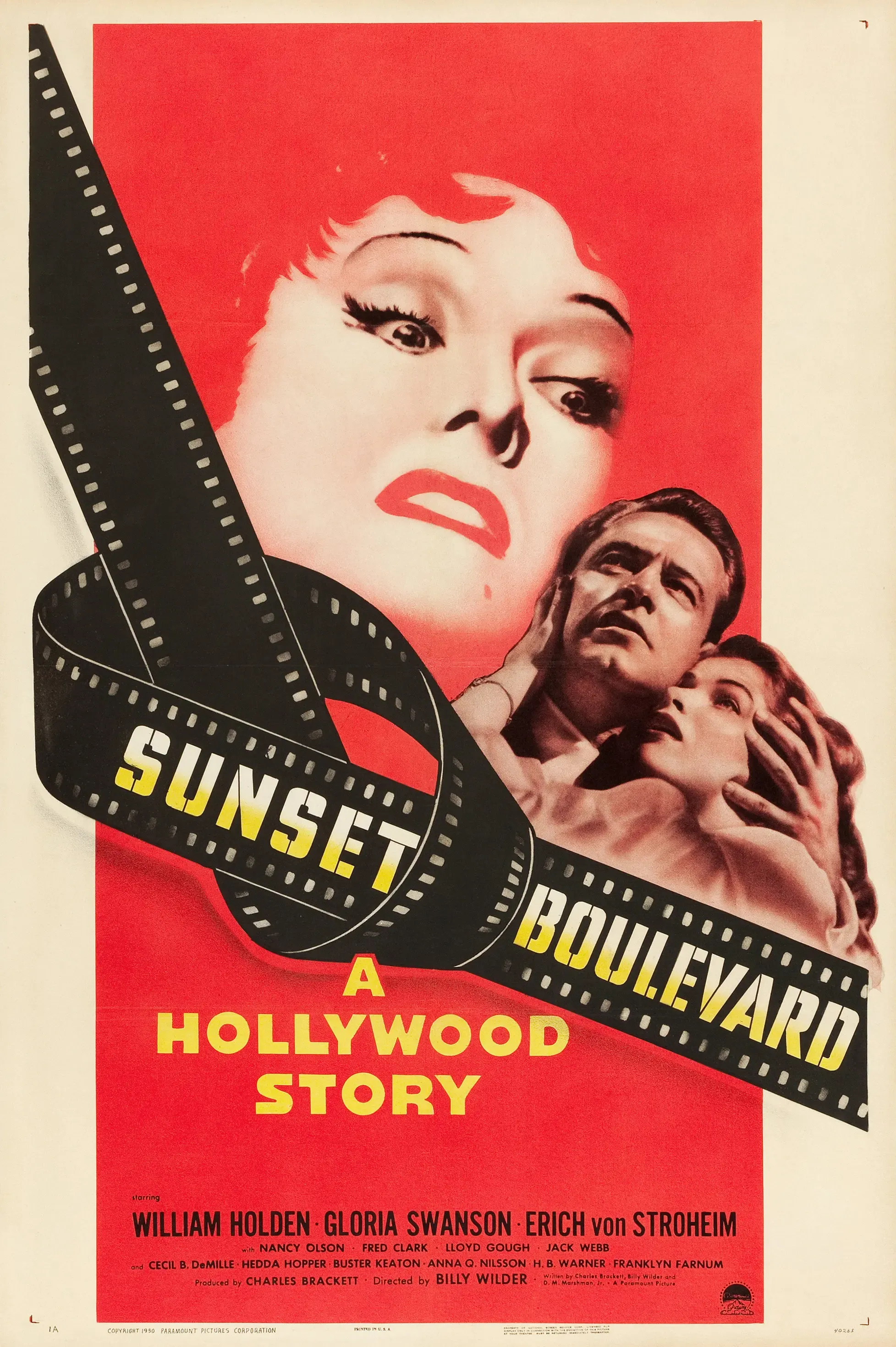 Original 1950 theatrical poster for Sunset Boulevard featuring Norma Desmond looming over Joe Gillis
