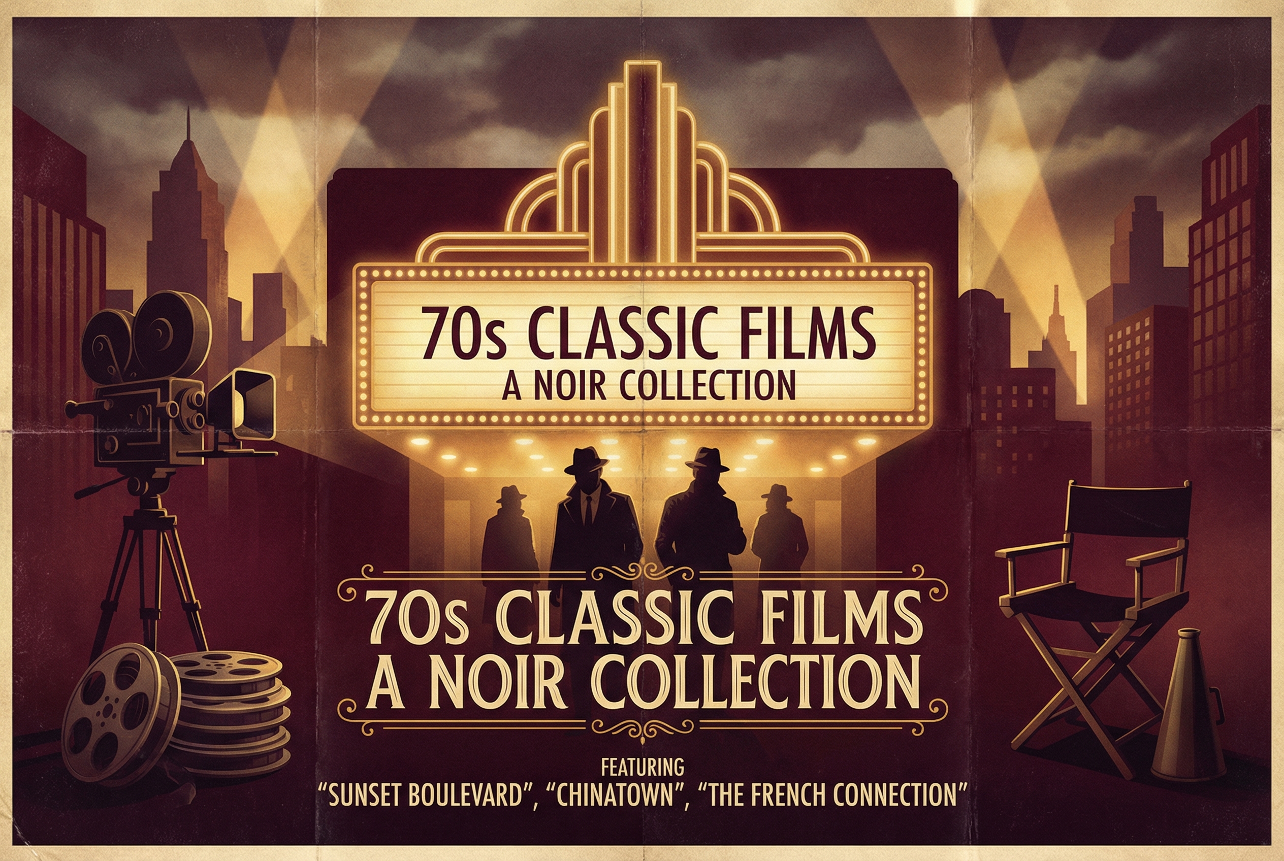 A dramatic collage featuring iconic 1970s film posters including The Godfather, The Exorcist, and Chinatown